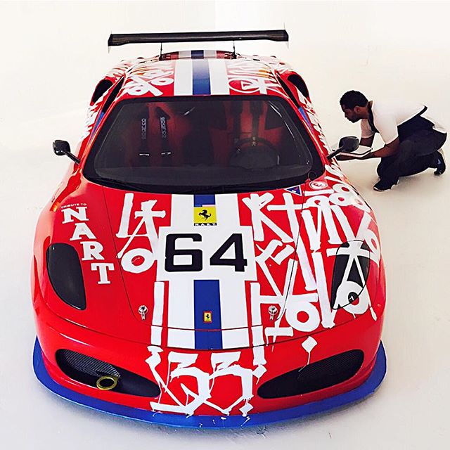 RETNA painting Ferrari F430 Challenge Car with calligraphy, number 64, Tribute to NART